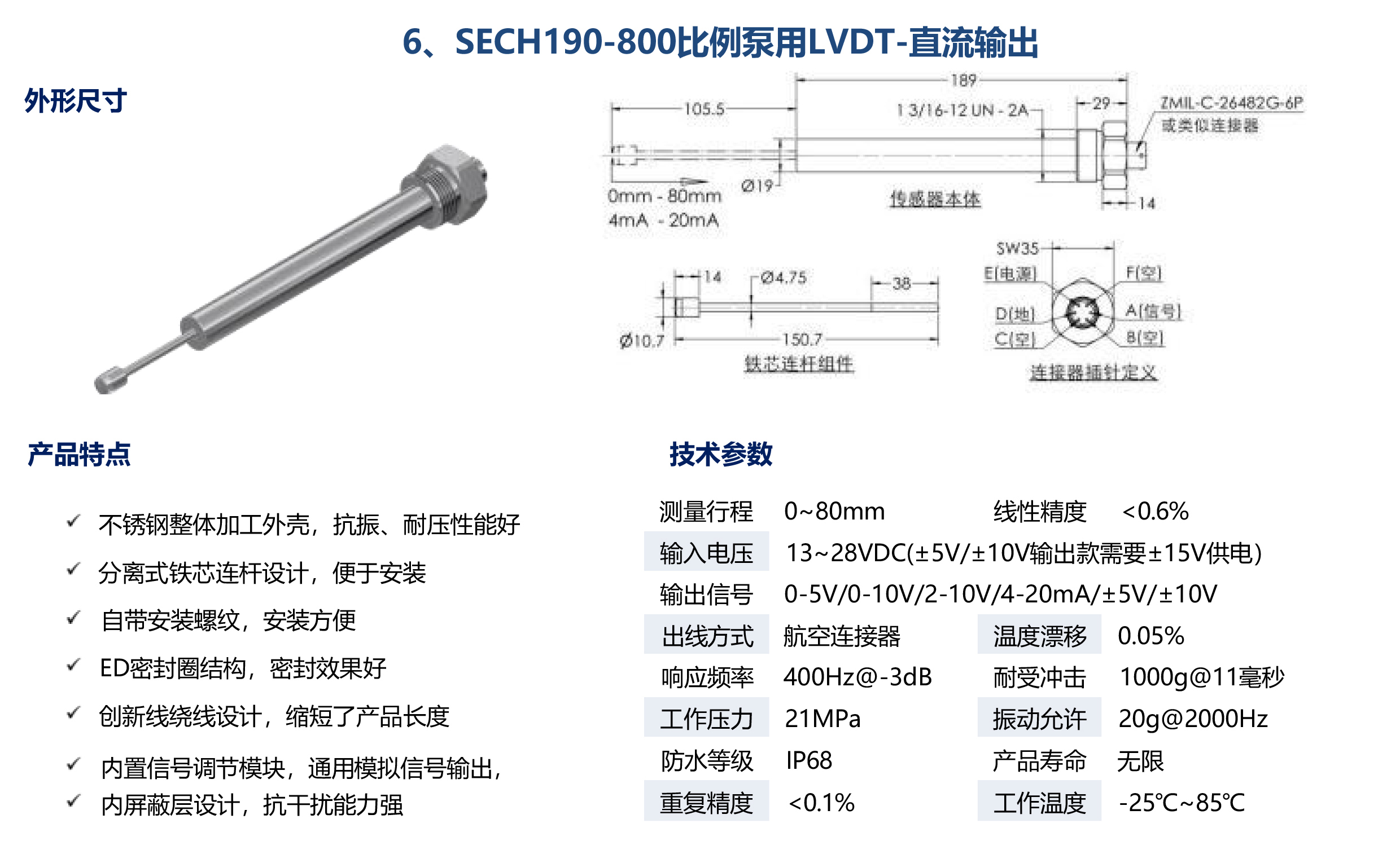 SECH190-800比例泵用LVDT-直流輸出